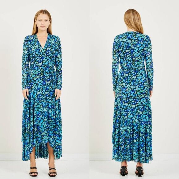 GANNI Mesh Wrap Dress Blue Floral Print Maxi 36, US S - Picture 2 of 13